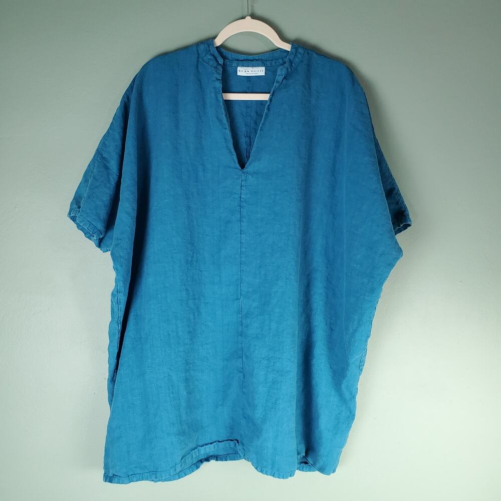 Bryn Walker Womens Blue V-Neck Oversized Linen Short Sleeve Tunic Size Medium